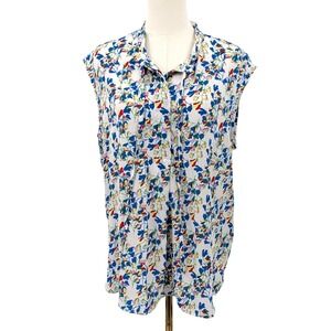 Floral sleeveless tunic blouse button front lightweight summer womens L